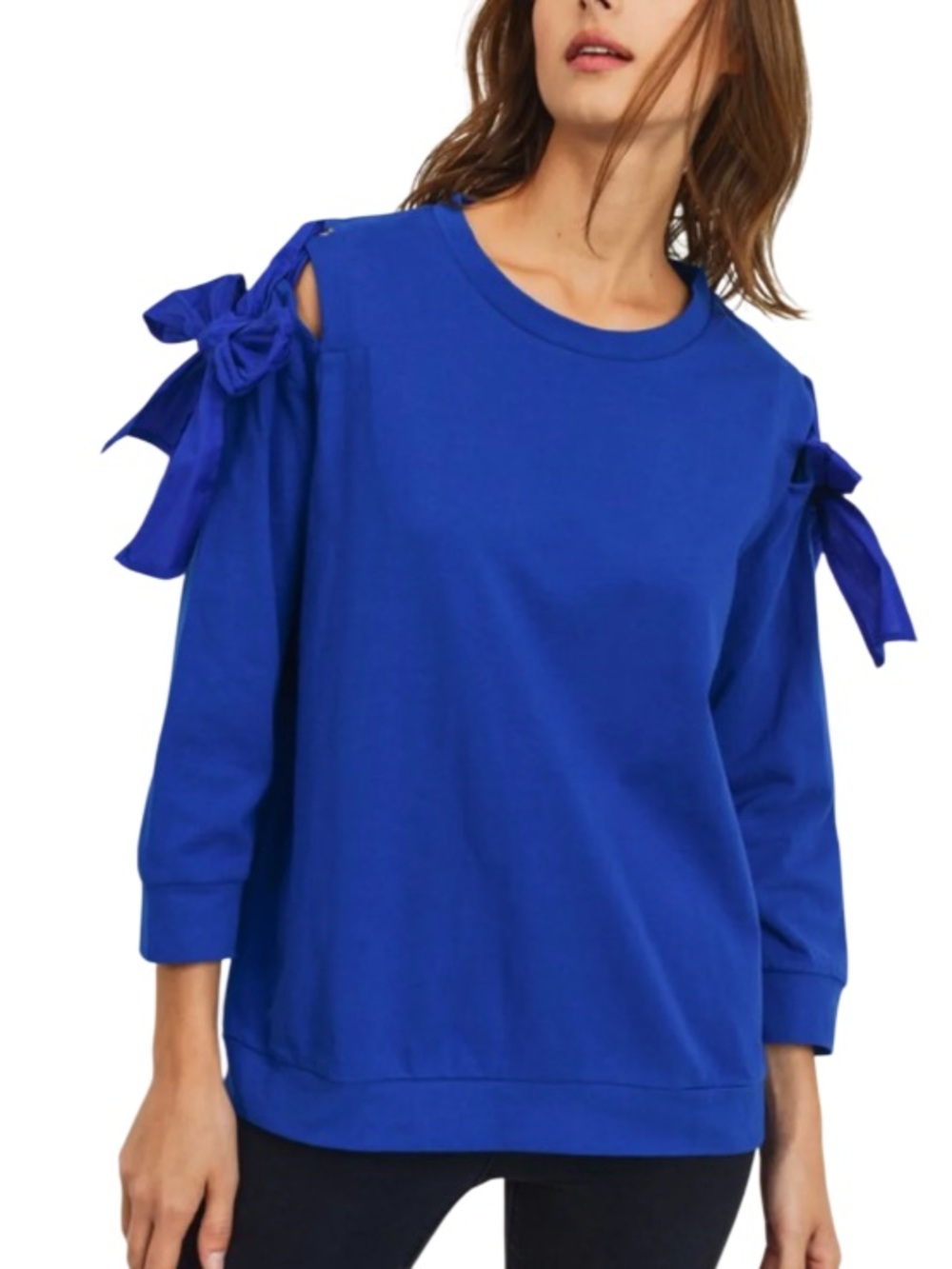 Cherish French Terry Cold-Shoulder Bow Top Cobalt Blue. Boutique. Size L. Cotton
